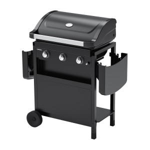Campingaz Gasgrill Compact 3 L, schwarzer Grillwagen mit 3 Brennern und Seitenablagen.