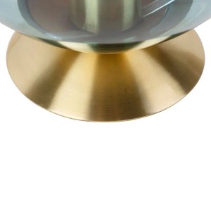 Detailaufnahme: Art Deco Tischlampe Pallon mit blauem Glas und Messingfuß.