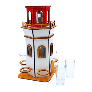 Deko Leuchtturm aus Laserholz mit rotem Dach, weißem Turm, 6 Schnapsgläsern und Karaffe. Maritimes Geschenkset.