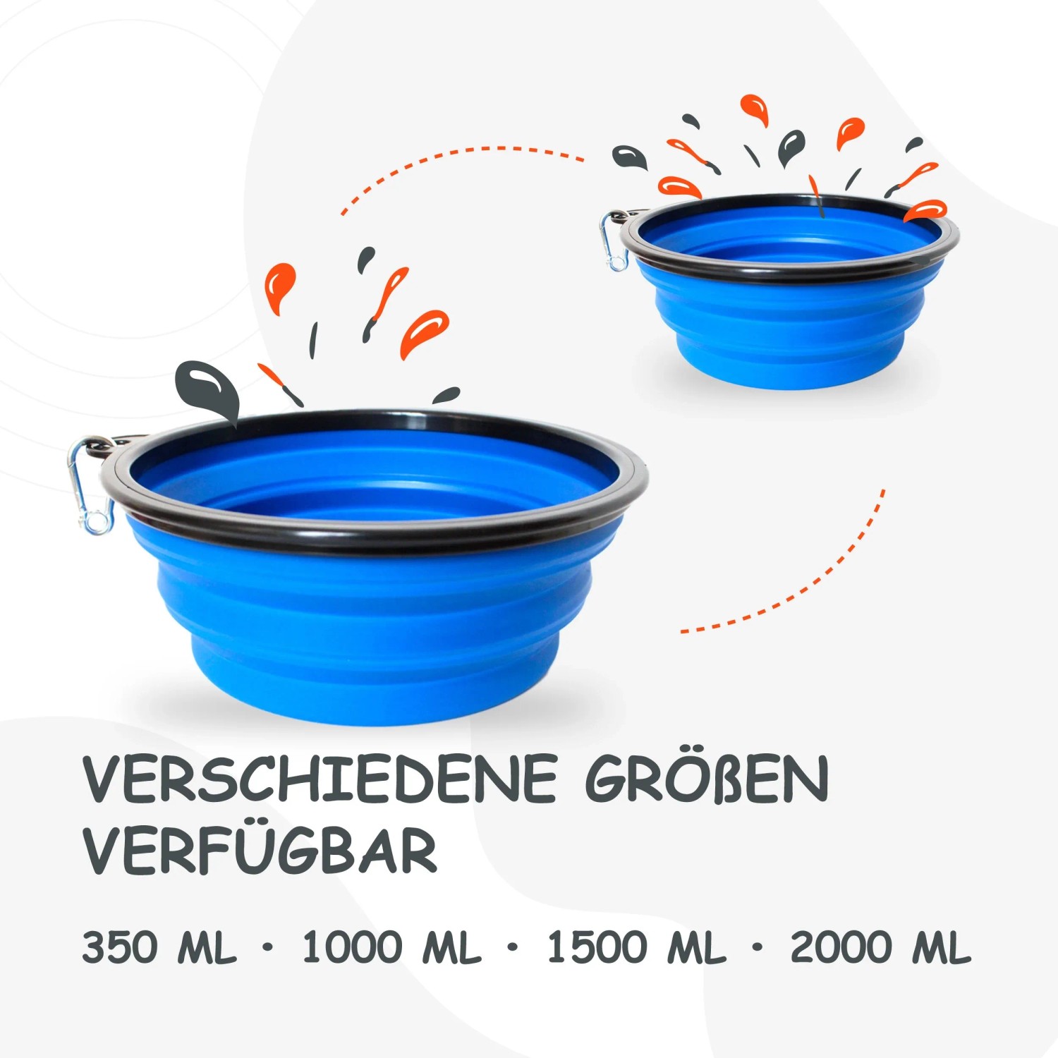Blauer, faltbarer Reisenapf für Hunde in zwei Größen mit Karabinerhaken.