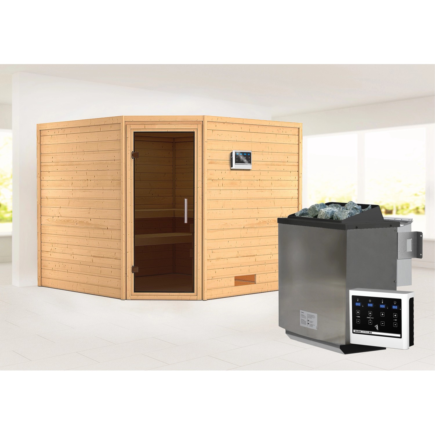 Karibu Sauna Leona mit Bio-Ofen externe Stg.Easy Natur