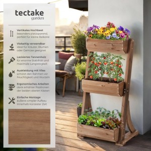 Tectake Vertikalbeet Flora mit 3 Etagen aus Tannenholz, bepflanzt mit Blumen, Tomaten und Salat.