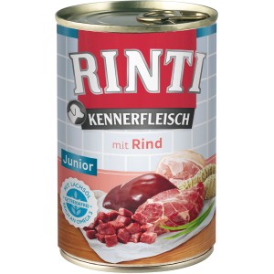 Rinti Kennerfleisch Junior Rind, 400g Dose Hunde-Nassfutter mit hohem Fleischanteil für junge Hunde.