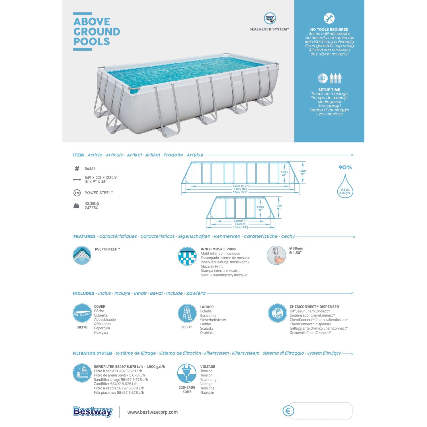 Bestway Stahlrahmenpool-Set Power Steel, 549x274x122 cm, rechteckig, mit Leiter und Filterpumpe.