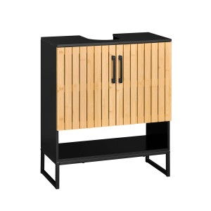 SoBuy Waschbeckenunterschrank BZR202-SCH mit Bambustür, Badmöbel-Set in Schwarz und Natur.