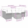 Graues 7-teiliges Garten-Sofa-Set aus Polyrattan mit Tisch und modularem Design. Abmessungen sind eingezeichnet.