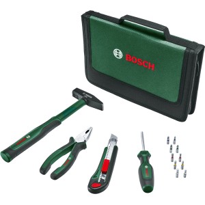 Bosch Easy Starter Werkzeugset, 14-teilig mit Hammer, Zange, Schraubendreher, Messer und Bits im Koffer.