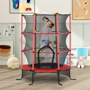Rotes HOMCOM Kinder Trampolin mit Sicherheitsnetz, Mädchen springt. Ø163 cm.