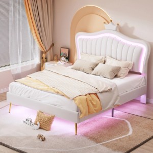 PXloue Kinderbett Polsterbett 140x200 cm mit LED Krone-Kopfteil Kunstleder Weiß Lattenrost
