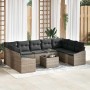 Graues 10-teiliges vidaXL Garten-Sofa-Set aus Poly Rattan mit Tisch für den Außenbereich.