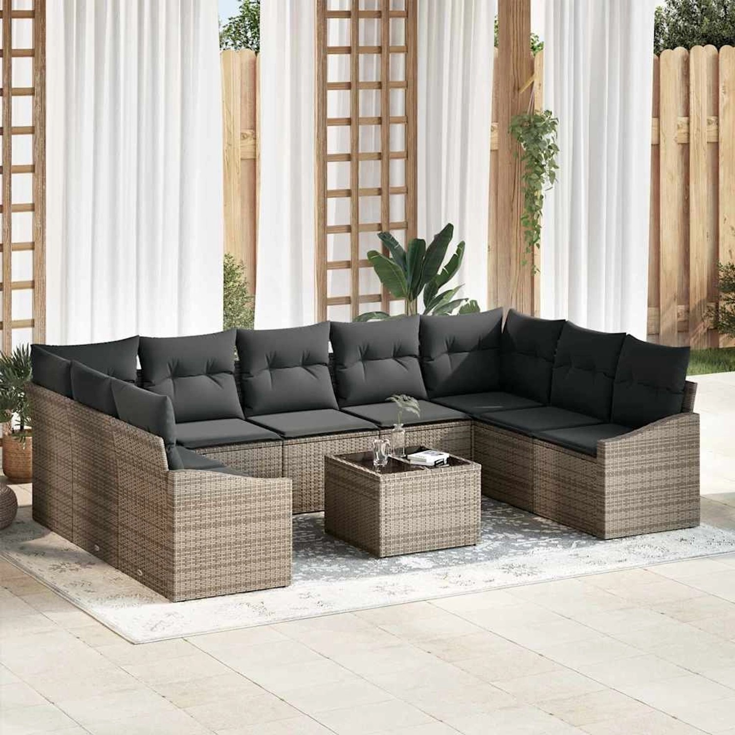 Graues 10-teiliges vidaXL Garten-Sofa-Set aus Poly Rattan mit Tisch für den Außenbereich.