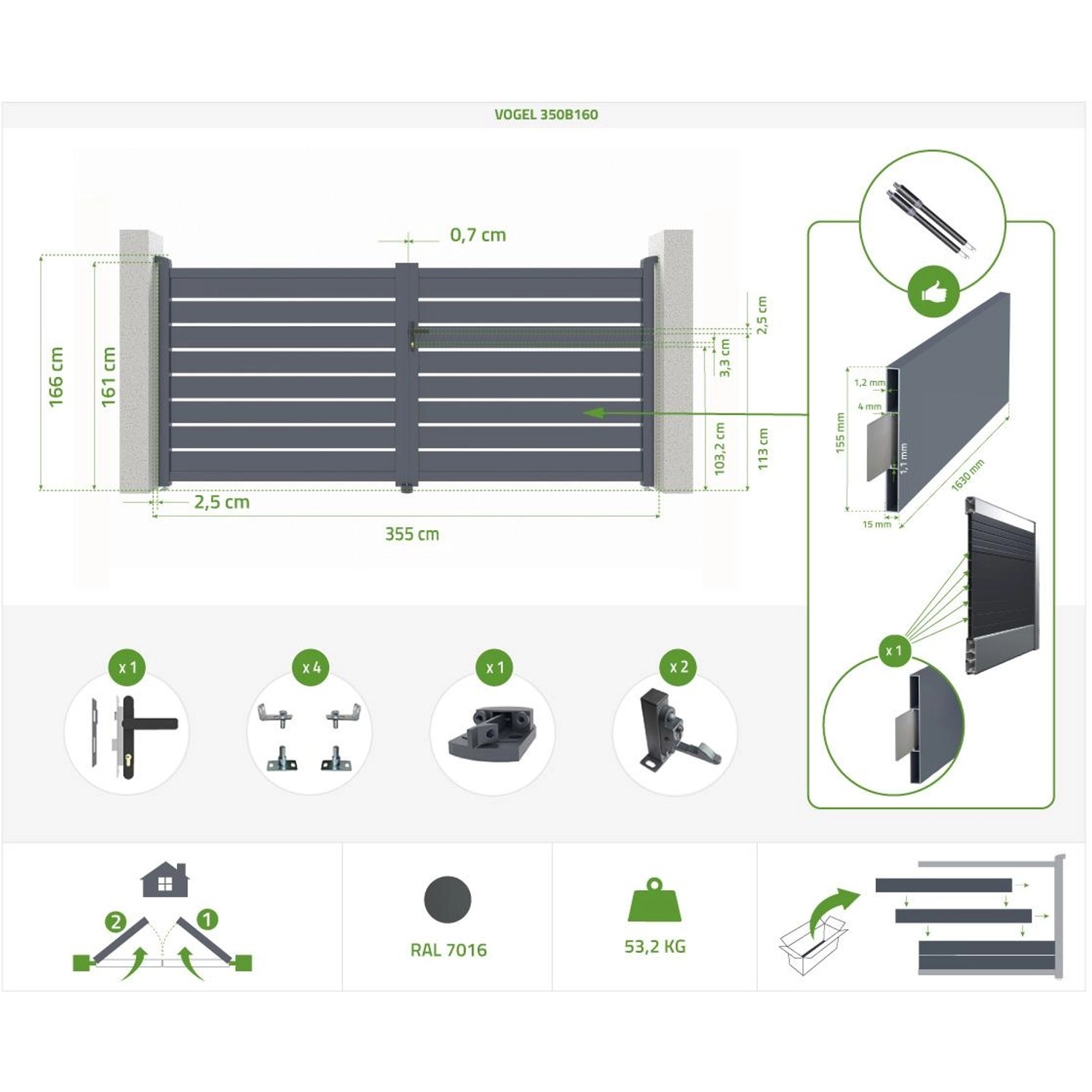 Casanoov Flügeltor Vogel 3,5m mit Maßen und Details zum Drehtorantrieb Hicker B200.