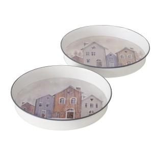 Boltze Deko-Tablett Houses, 2-fach sortiert, Ø 28cm, mit Häuser-Motiv in Braun-, Grau- und Weißtönen.