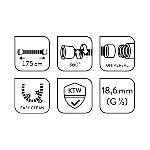 Piktogramme des baliv Brauseschlauchs BSL-175.40: 175cm Länge, 360° Drehschutz, Universal, Easy Clean, KTW-Norm, 18,6mm.
