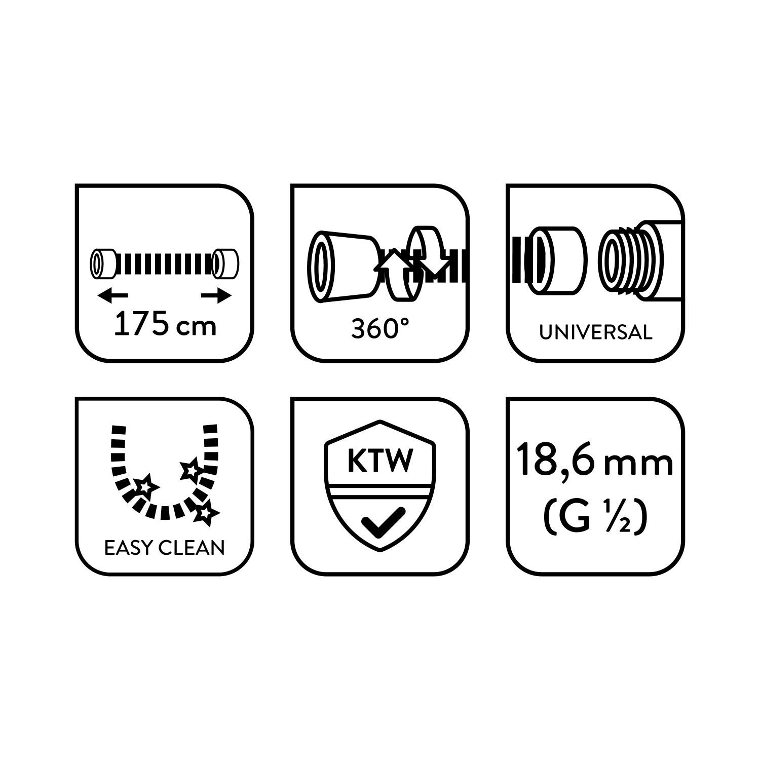 Piktogramme des baliv Brauseschlauchs BSL-175.40: 175cm Länge, 360° Drehschutz, Universal, Easy Clean, KTW-Norm, 18,6mm.