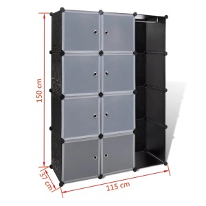Modularer Schrank in Schwarz und Weiß mit 9 Fächern. Flexibles Schranksystem für Wohn- und Schlafbereich.