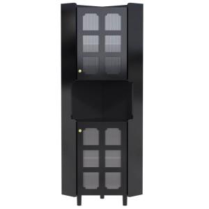 Schwarzer Eckschrank mit Lackoberfläche, Glastüren, offenem Fach und LED-Beleuchtung. Moderne Vitrine für Stauraum.