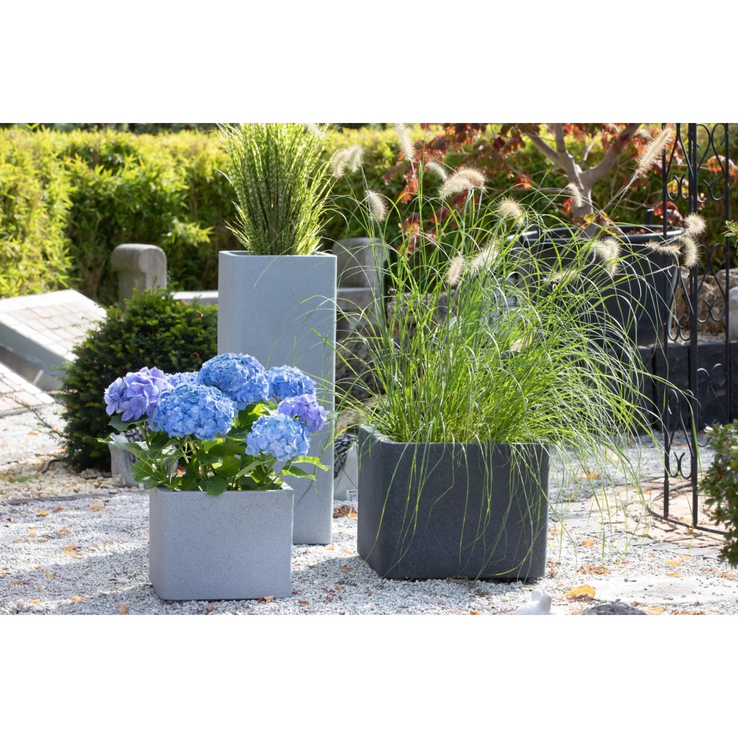 Scheurich Plaza High Pflanzsäule, 72,5 cm, Schwarz Granit, mit Pflanzen im Garten.