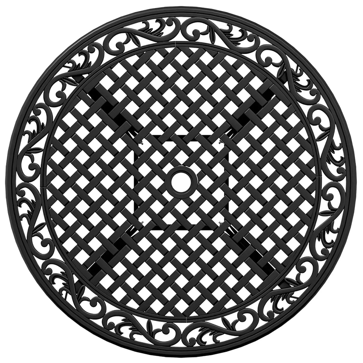 Schwarze vidaXL Garten-Essgruppe: Tischplatte aus Aluminiumguss mit geometrischem Muster und Schirmloch.