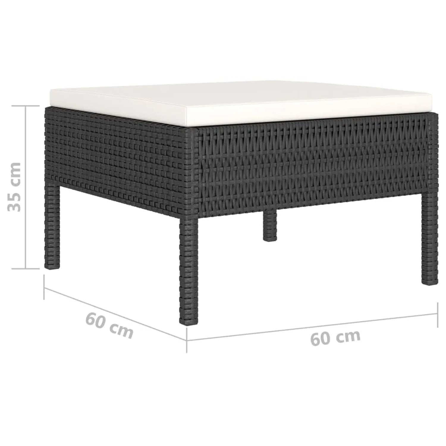 Schwarzer Rattan Hocker mit creme-weißem Kissen, Teil des vidaXL Garten Lounge Sets.