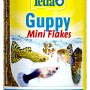 Tetra Guppy Flockenfutter, 100ml Dose mit Fischen auf gelbem Etikett.
