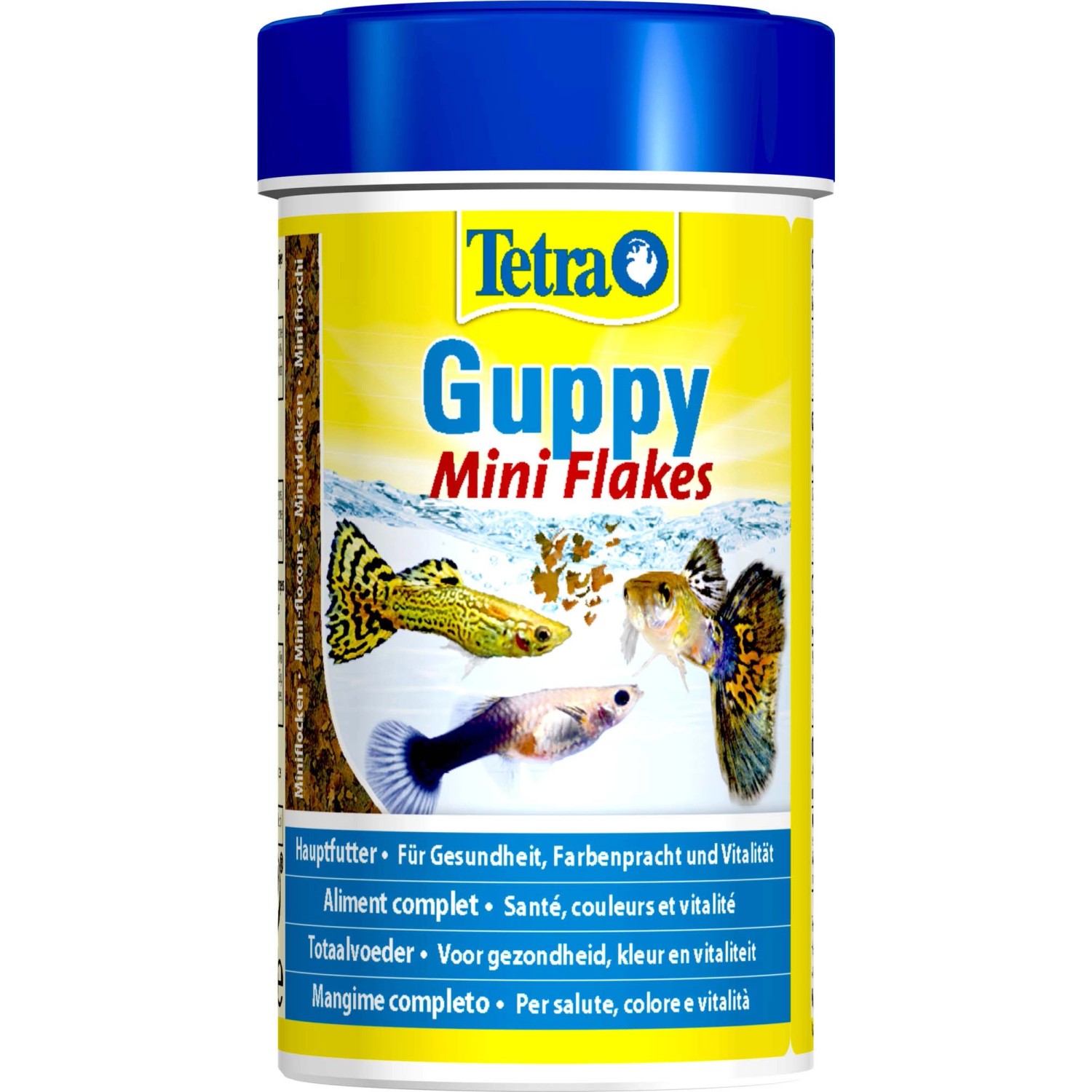 Tetra Guppy Flockenfutter, 100ml Dose mit Fischen auf gelbem Etikett.