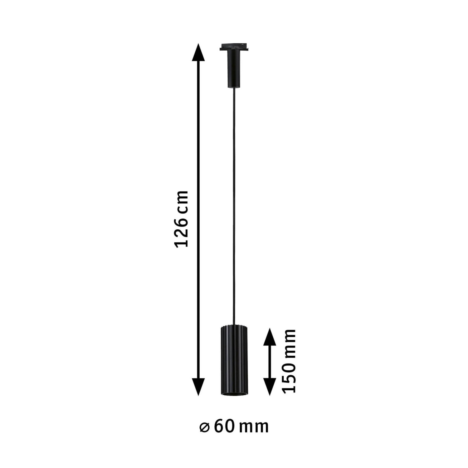 Paulmann Pendel Lirena URail, schwarz matt, mit Lamellenoptik. Maße: 126 cm lang, Ø 6 cm. Für LED-Schienensysteme.