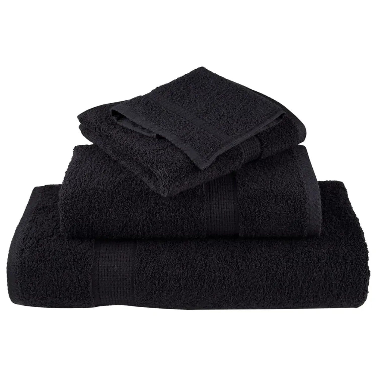 Schwarzes 6-teiliges Premium Handtuchset aus 100% Baumwolle, gestapelt.