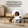 Weiße Fudajo selbstreinigende Katzentoilette mit Infrarot-Sensor. Katze nähert sich, Reinigung stoppt automatisch für Sicherheit.