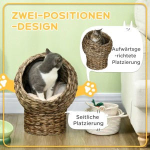 PawHut Katzenkorb aus Naturmaterial mit Kissen, seitliche und aufwärts gerichtete Platzierung.