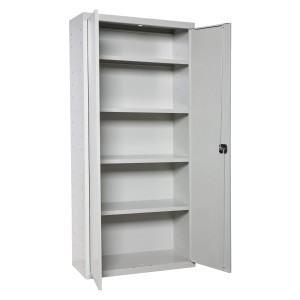 Grauer PROREGAL Stahlschrank AMEGO mit 4 Fachböden, Flügeltüren offen.