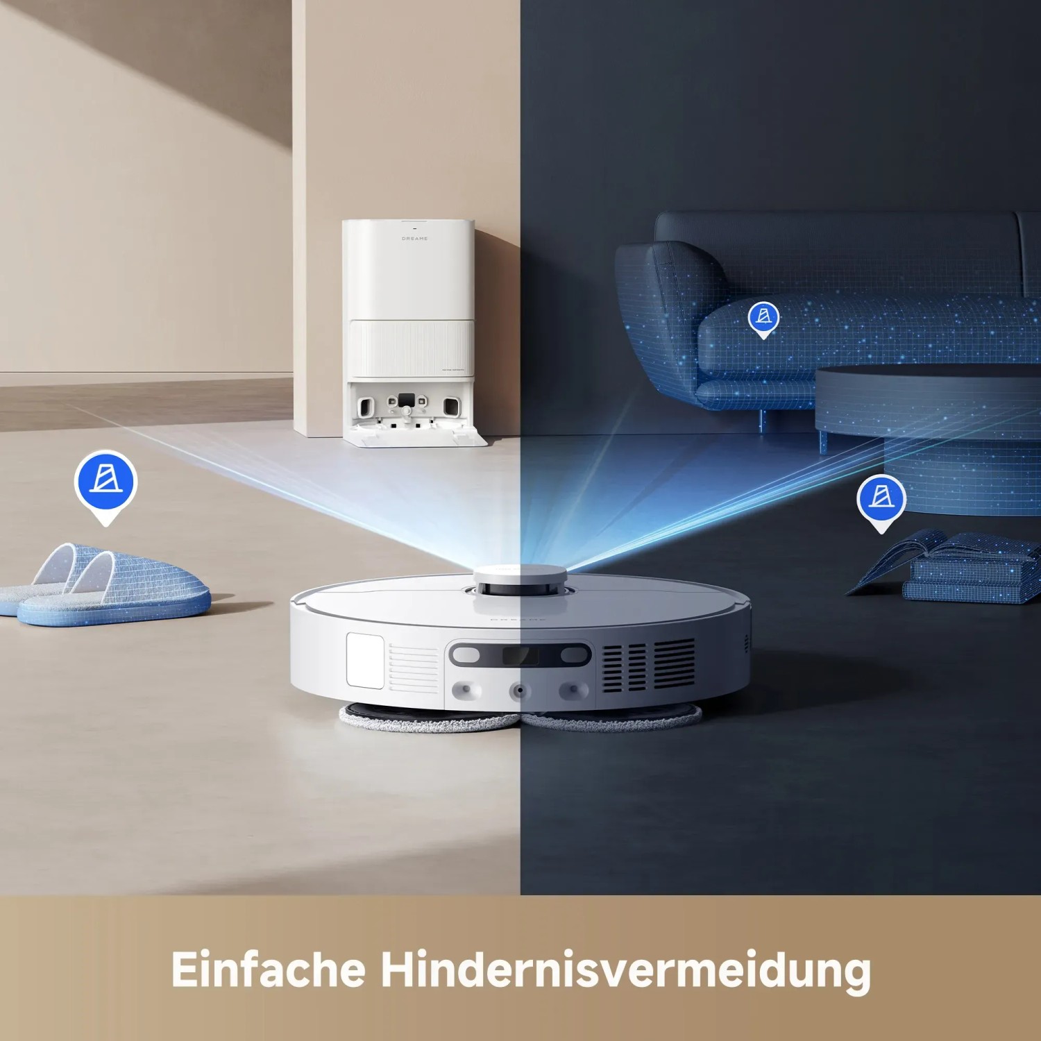 Dreame Saugroboter D20 Ultra mit Station, Hinderniserkennung im Wohnraum.
