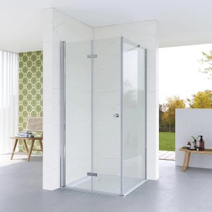 Aquabatos Eckdusche mit Falttür und Seitenwand, rahmenlose Duschkabine 75x90 cm aus ESG Sicherheitsglas.