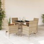 Beige 5-tlg. Garten Essgruppe aus Polyrattan mit Glasplatte und Kissen.