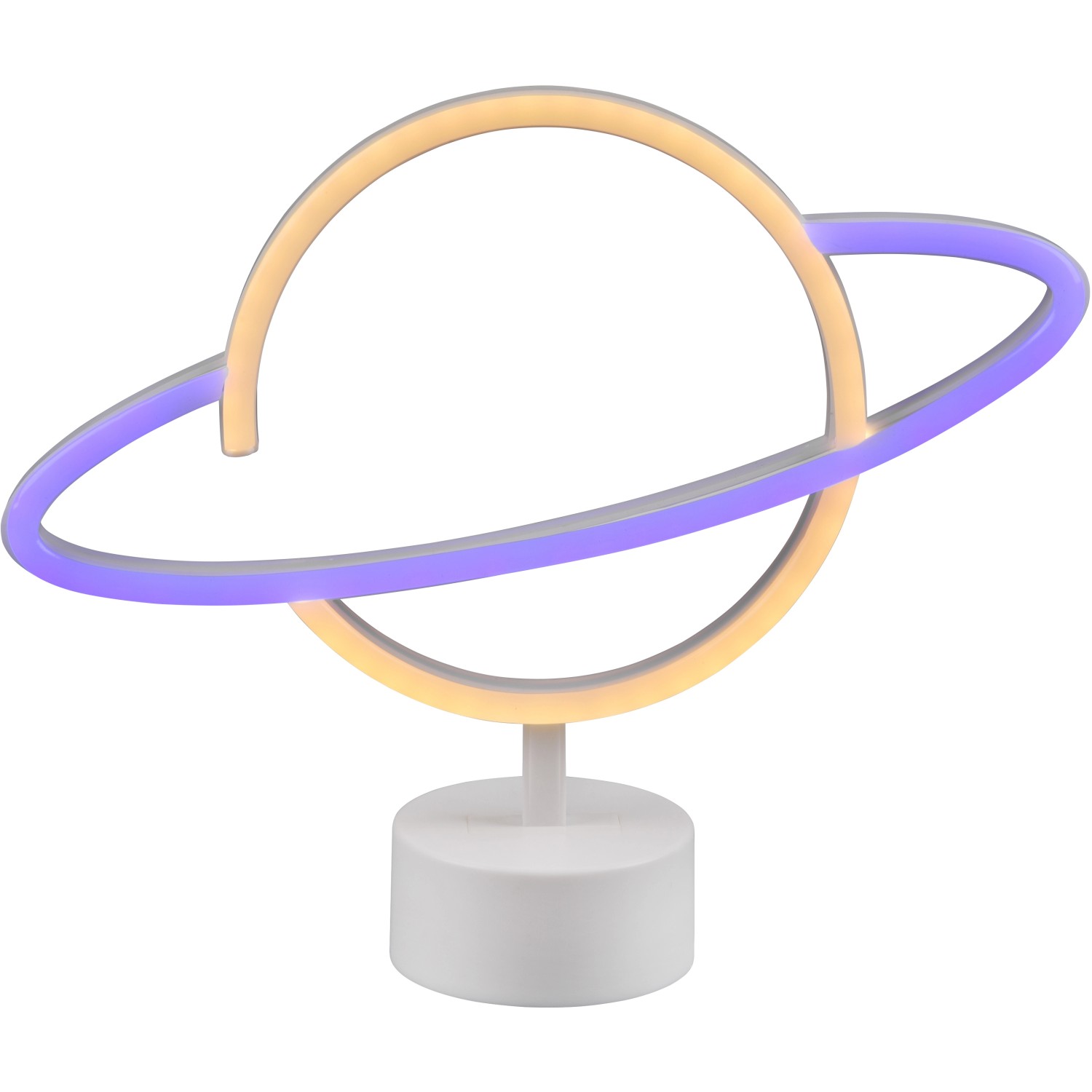 Weiße Reality LED Tischleuchte Planet mit Ringdesign, 24,5x29x8,5 cm.