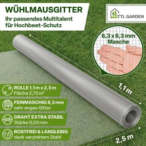 TTL GARDEN Wühlmausgitter 2,5m x 1,1m Verzinkt auf Rolle Drahtgitter Schutz für Hochbeet Rasen Pflanzen gegen Wühlmäuse