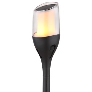 Schwarze Globo LED Solar-Wegeleuchte mit Erdspieß und Flammeneffekt, 64,5 cm hoch.