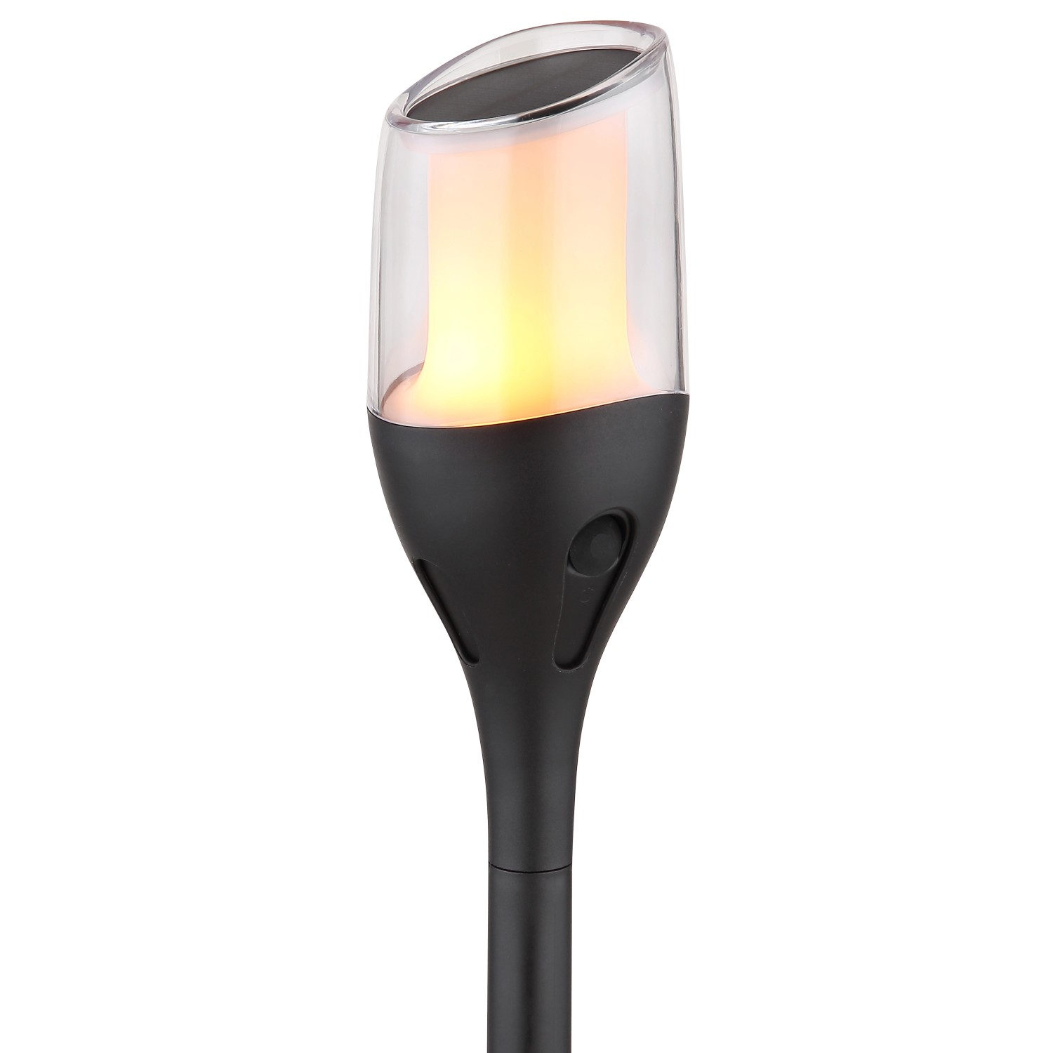 Schwarze Globo LED Solar-Wegeleuchte mit Erdspieß und Flammeneffekt, 64,5 cm hoch.