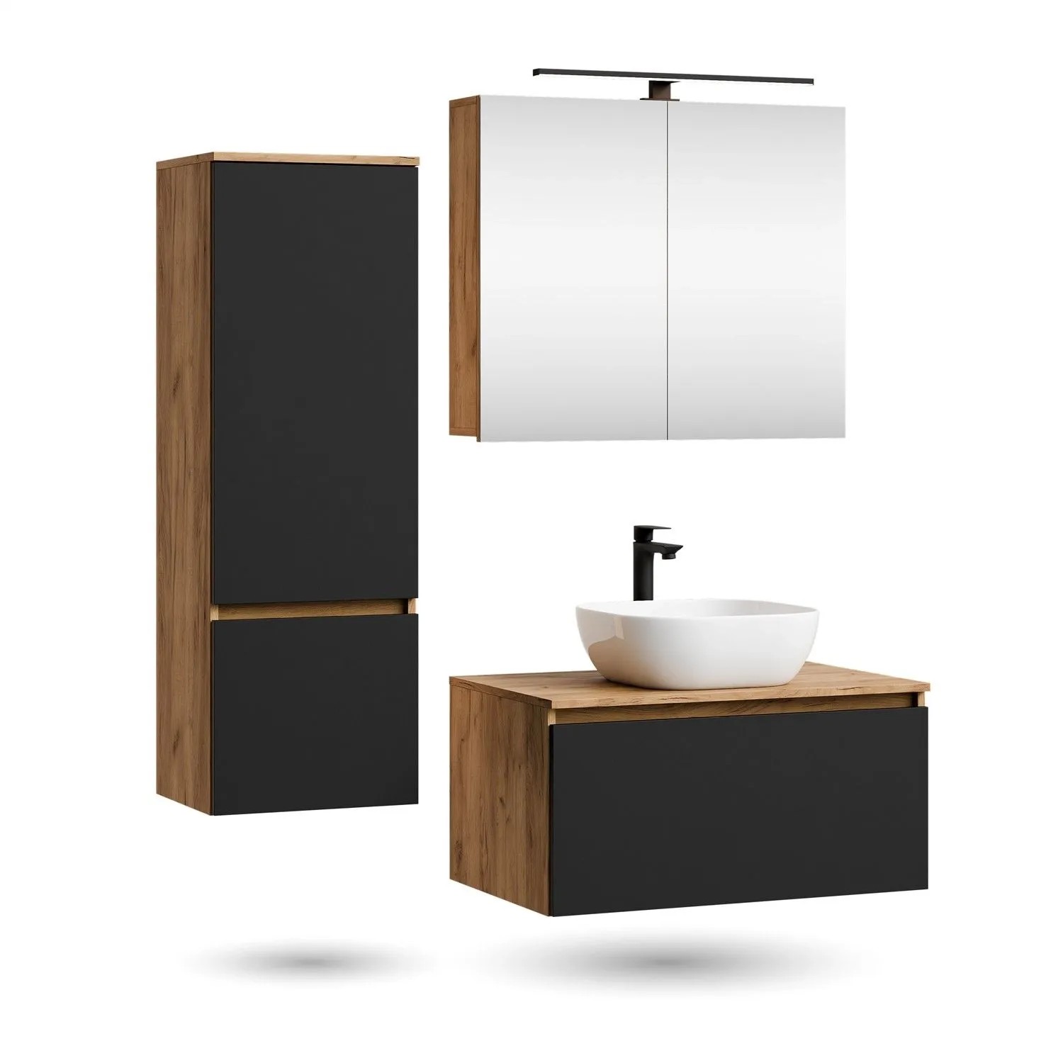 Planetmöbel ARISA Badmöbel Set 80 cm Schwarz mit Hochschrank Spiegelschrank ARIA und Aufsatzwaschbecken Weiß 42 cm