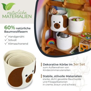 HMF 39022-HUN Aufbewahrungskorb Versteckten Griffen 3er Set Korb Kinderzimmer Baumwolle Hund Großtel Klein