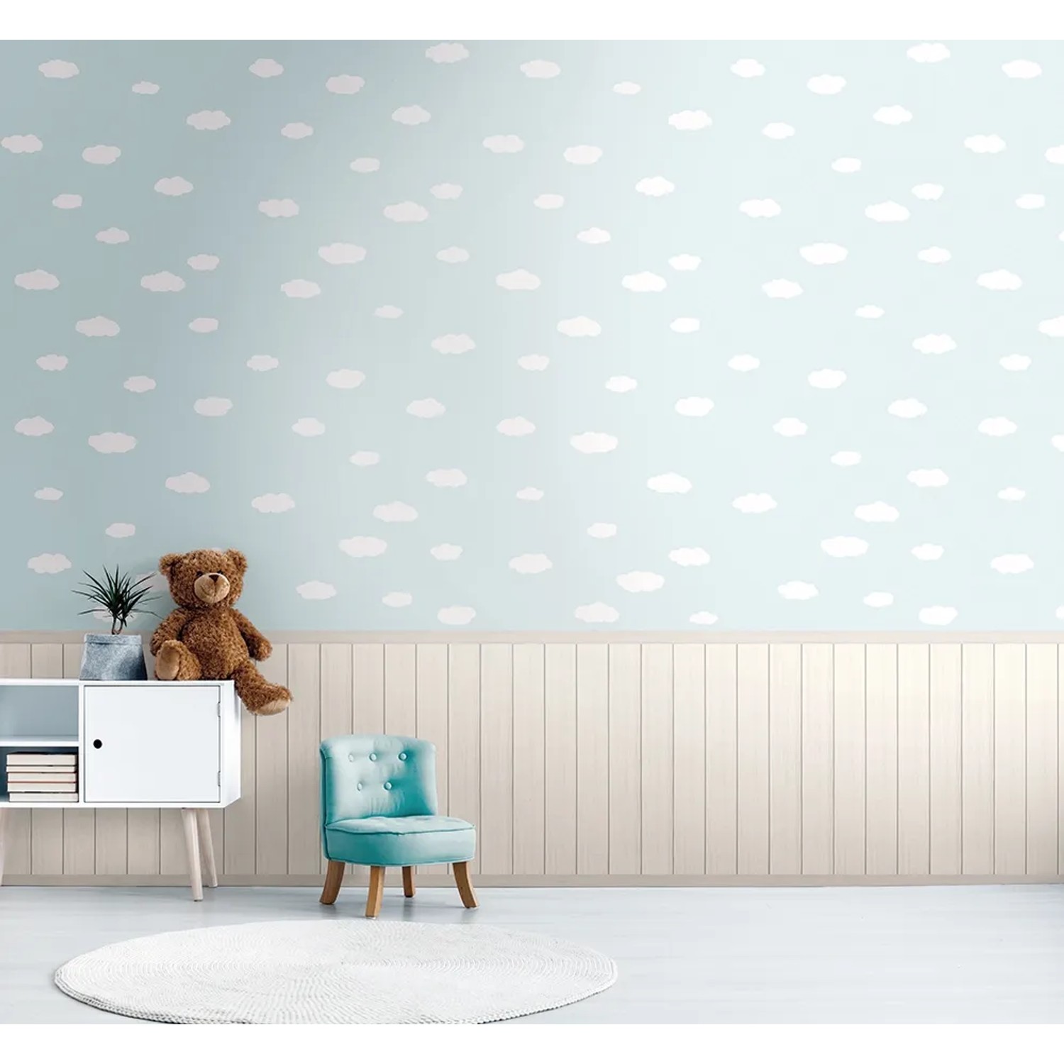 A.S. Création Vliestapete Wallpanel Wolken Blau im Kinderzimmer.