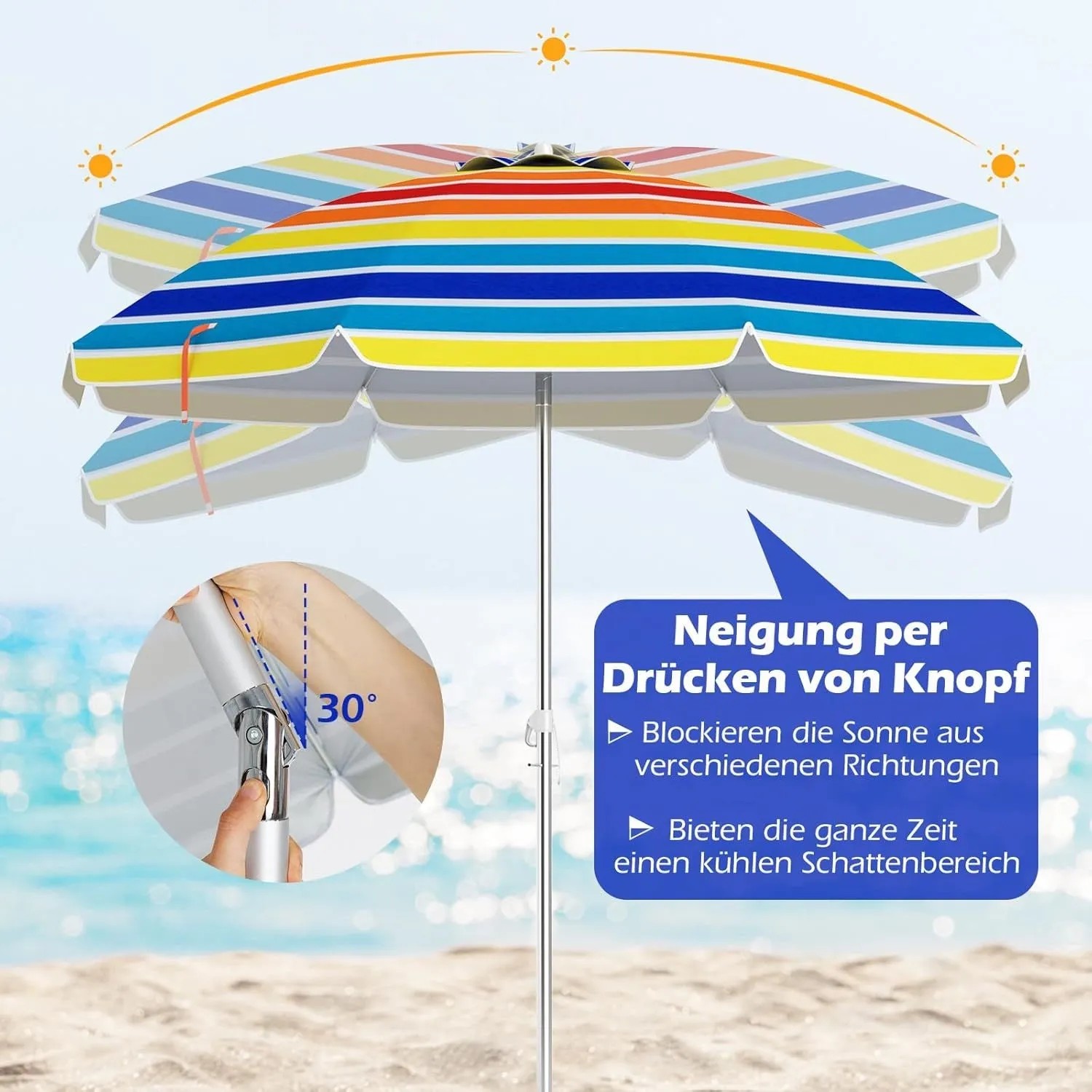 Bunter COSTWAY Sonnenschirm Strand mit Neigungsfunktion und UV-Schutz auf Sandstrand.