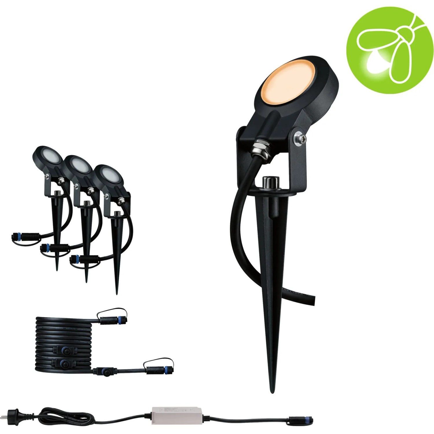 Paulmann LED-Gartenstrahler Sting Plug & Shine 3er Set, insektenfreundlich mit Erdspießen, Trafo und Kabel.