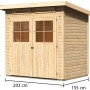 Unbehandeltes Karibu Holz-Gartenhaus Egersund mit Pultdach, Ansicht mit Maßen.