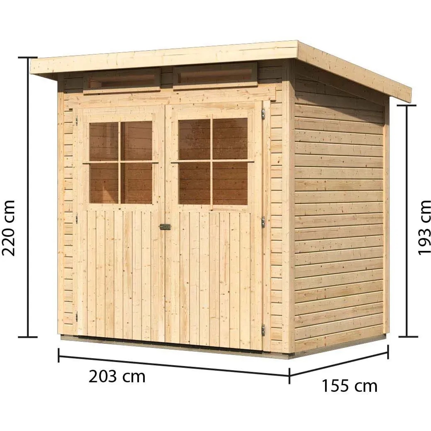 Unbehandeltes Karibu Holz-Gartenhaus Egersund mit Pultdach, Ansicht mit Maßen.