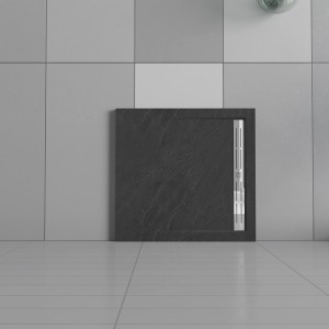 Quadratische, schwarze Duschtasse 80x80 cm mit Stein-Effekt und Ablaufgarnitur.