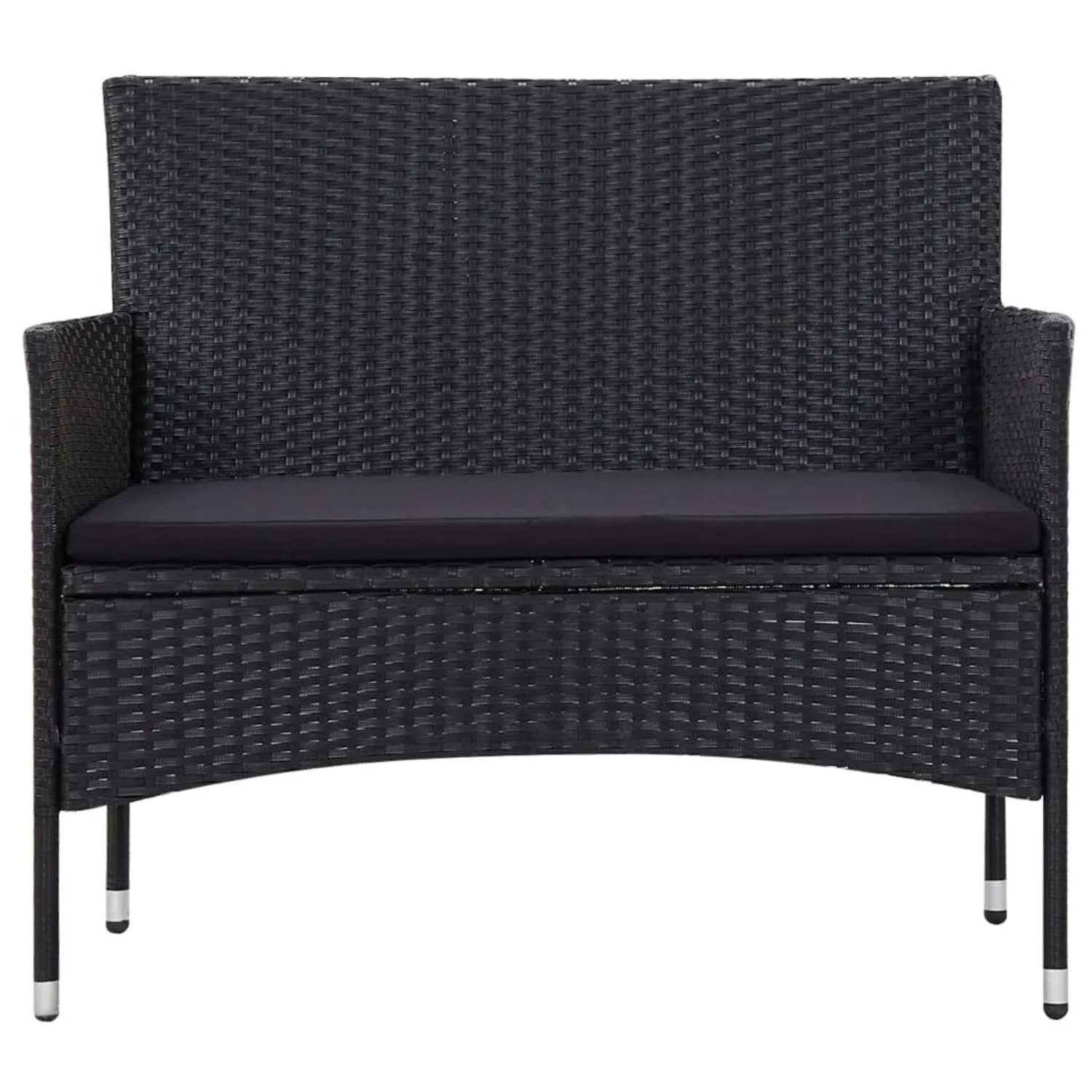 Schwarze vidaXL Gartenbank aus Rattan mit Sitzkissen, Teil des 5-tlg. Lounge-Sets.