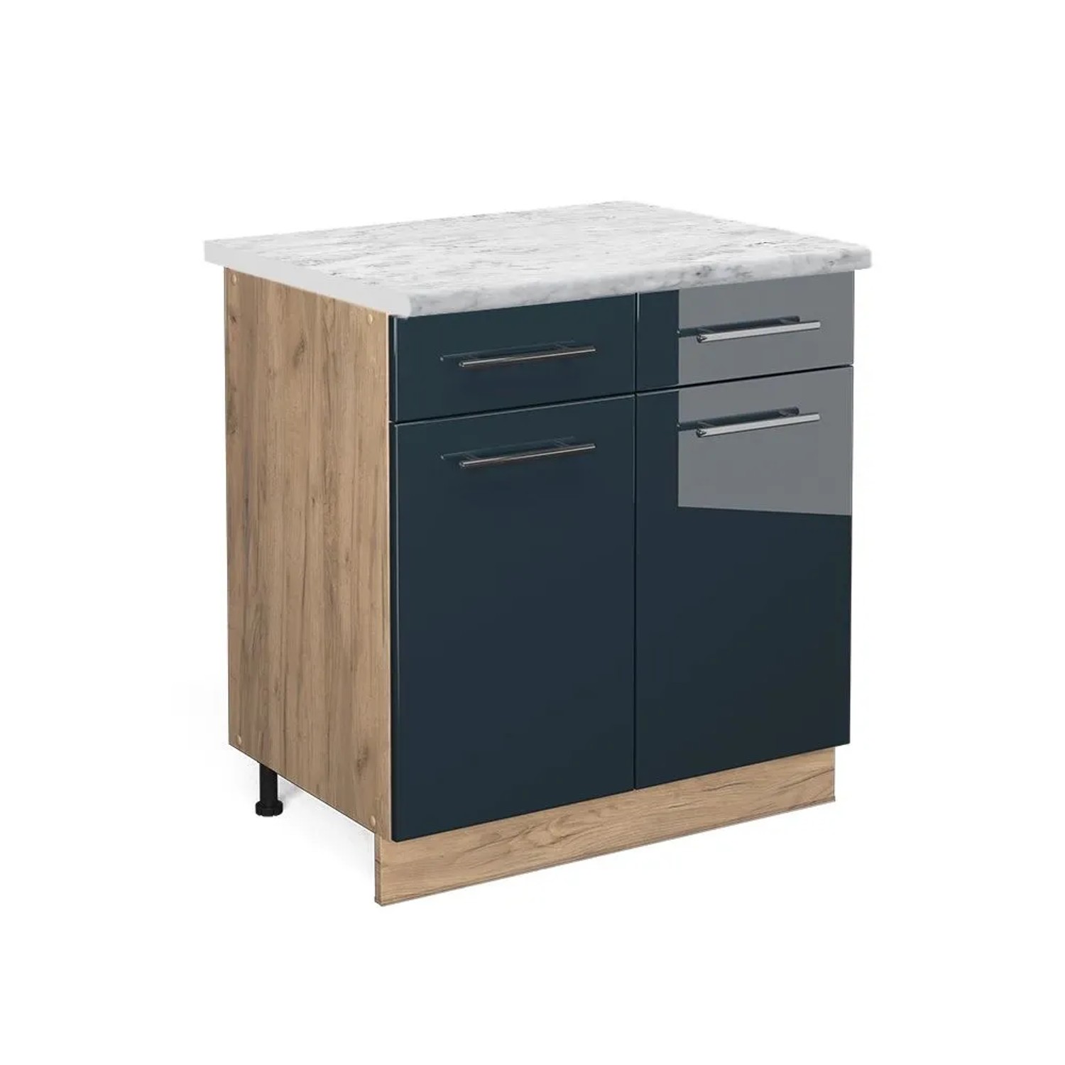 Vicco Küchenunterschrank Fame-Line DunkelBlau Hochglanz Goldkraft Eiche 80 cm AP Marmor