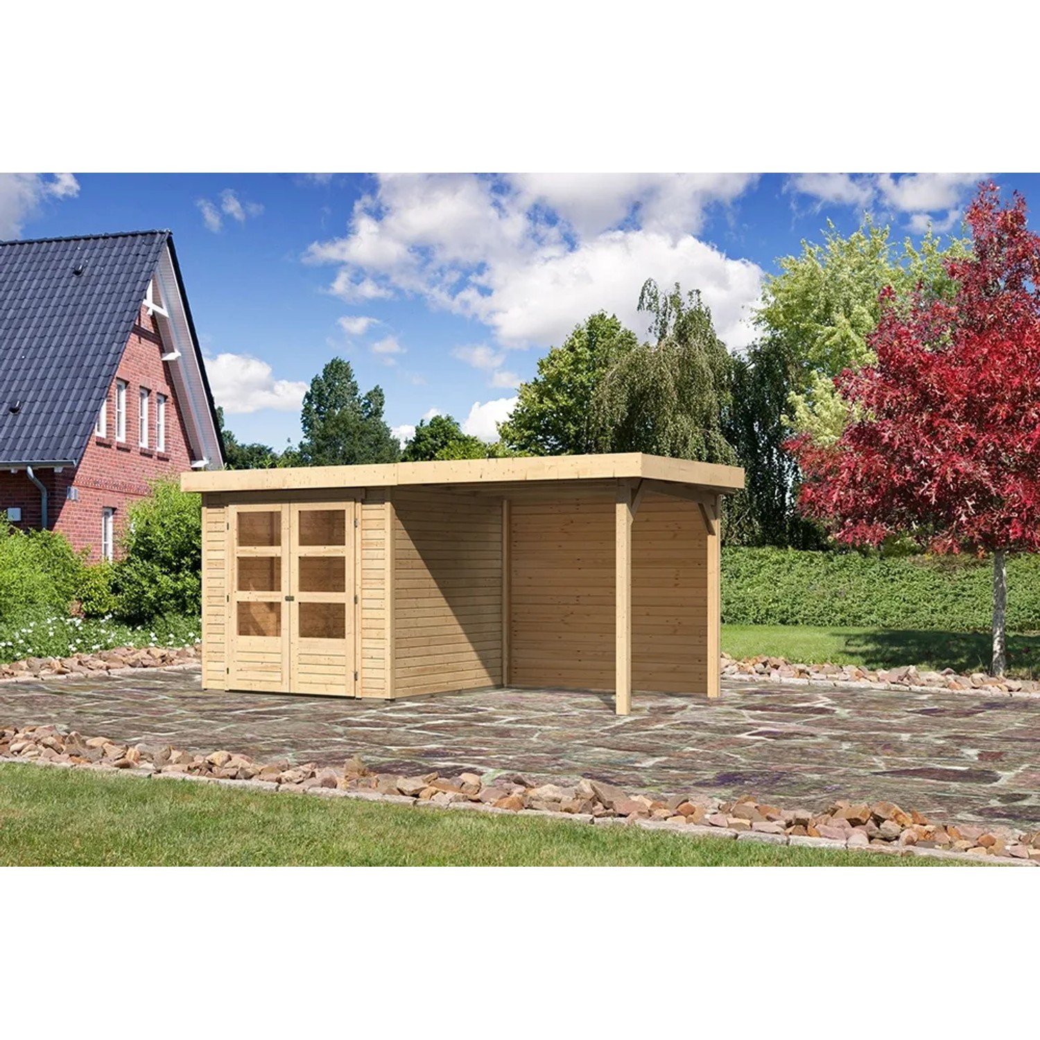 Karibu Holz-Gartenhaus Boras mit Flachdach und Anbau, unbehandelt.