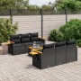 Schwarze 7-tlg. vidaXL Garten-Sofagarnitur aus Poly Rattan mit Kissen und Akazienholz-Tischen.